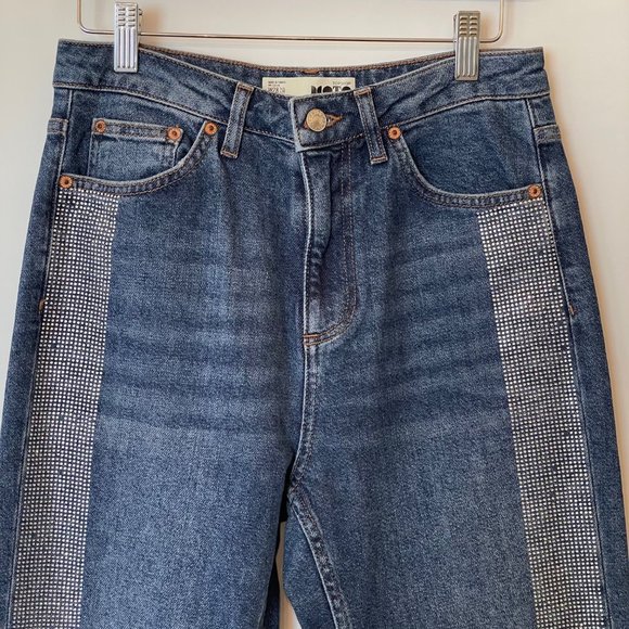 TopShop Moto Womens Size 28 Hi Rise Denim Jeans Embellished Side Stripes Bling - Picture 3 of 14